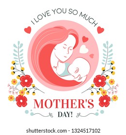 Woman and baby, mother's day holiday isolated icon motherhood appreciation mom congratulation female family member greeting emblems or logo flowers and hearts festive wishes girl and newborn child.