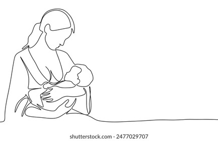 Woman with a baby one line continuous. Line art Woman with a baby. Hand drawn vector art.