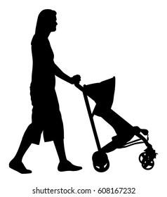Woman with baby and pram silhouette isolated on white background, vector of baby carriage. Young mother walking with little child in baby stroller. Baby trolley silhouette.