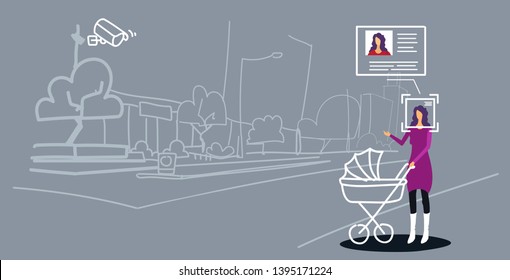 woman with baby in pram walking outdoor identification facial recognition concept security camera surveillance cctv system cityscape background full length sketch horizontal