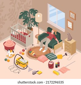 Woman in baby room tired of housework and motherhood isometric vector illustration