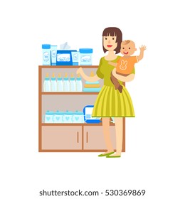 Woman With A Baby Shopping For Baby Food, Shopping Mall And Department Store Section Illustration