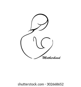 A woman with a baby in a sling with the rings. Ring Sling. A mother holding a baby. Can be used as logo, icon, etc. Stock vector.