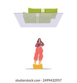 Woman with a baby stands on a stack of books under a glass ceiling with money on top. Vector illustration symbolizing the challenges women face in achieving financial success