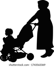 woman and baby in stroller, body silhouette vector