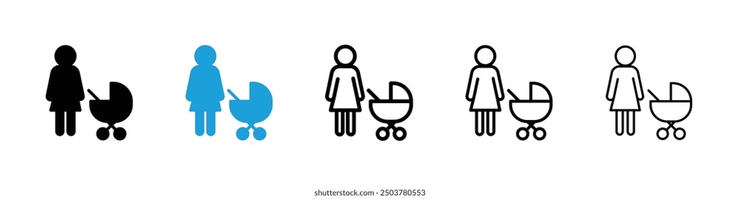 Woman with Baby Stroller icon in black and blue colors