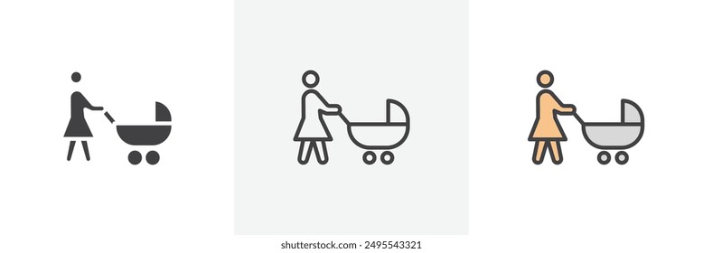 Woman with Baby Stroller icon symbol collection on white background.