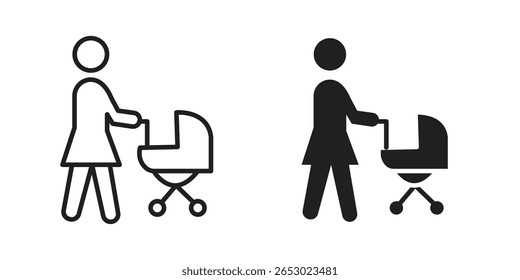 Mulher com símbolo de ícone Baby Stroller definido em preto. linha e ícones planos