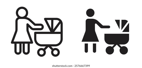 Woman with Baby Stroller icons in outline and stroke versions