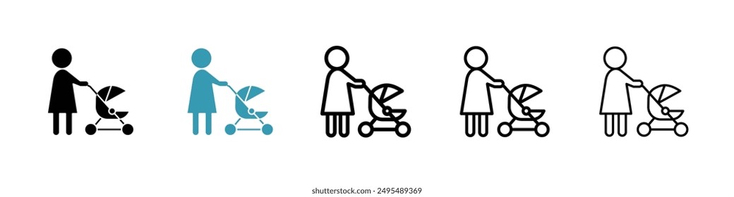 Woman with Baby Stroller line icon vector set.