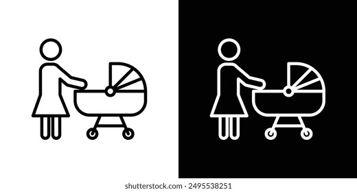 Woman with Baby Stroller line icon vector illustration set.