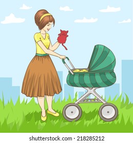 Woman with baby stroller on grass in park. Vector illustration.