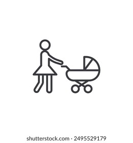 Woman with Baby Stroller outlined icon isolated on white background