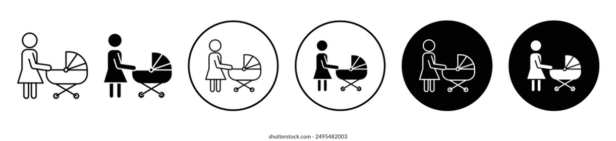 Woman with Baby Stroller thin line vector icon set.