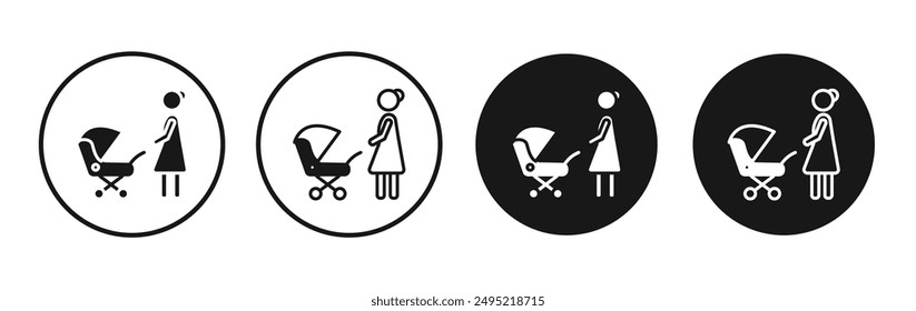 Woman with Baby Stroller vector icon set black filled and outlined style.