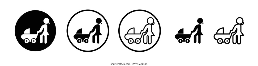 Woman with Baby Stroller vector icon set in black and white color.