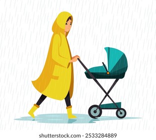 Mujer con cochecito de bebé caminando en Clima lluvioso. Madre en chubasquero amarillo que va con el bebé en cochecito verde. Otoño mal Clima Ilustración vectorial. Personas en tormentas de lluvia.