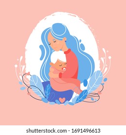 Woman and baby stylized vector illustration. Mother hugs her child flat logo template