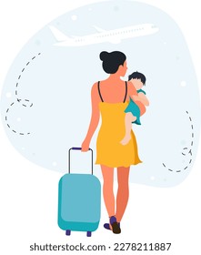 A woman with a baby and a suitcase traveling. Flat style. 