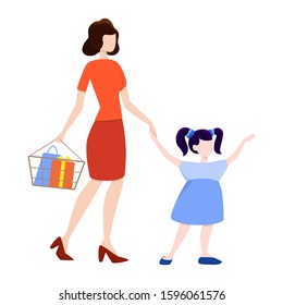 Woman with a baby walking with shopping basket in supermarket. Character bying food in the store. Isolated flat vector illustration