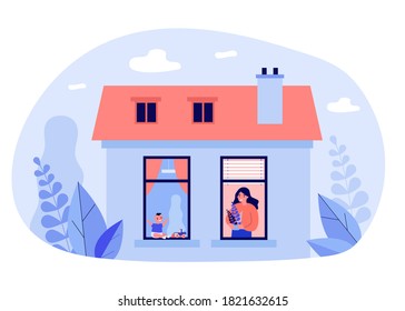 Woman and baby in windows of neighbor apartments. Plant, toy, house flat vector illustration. Accommodation and neighborhood concept for banner, website design or landing web page