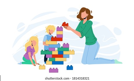 Woman Babysitting And Playing With Children Vector. Young Girl Babysitting And Play With Kids. Characters Babysitter And Babies Building Tower With Blocks Toys Flat Cartoon Illustration