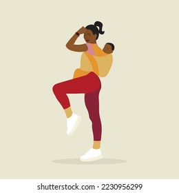 Woman babywearing and exercising vector illustration