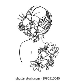 Woman back and flowers. Vector template female portrait. One line drawing modern trend. Fashion, beauty, design, logo