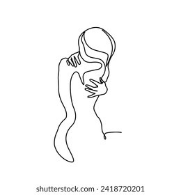 Woman back hug abstract silhouette, warms up mood, sad posture, single line on white background, continuous line drawing, tattoo and logo design, isolated vector illustration.