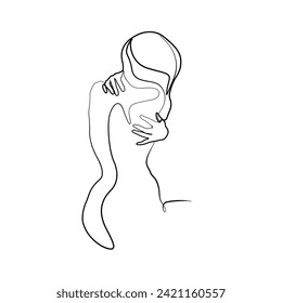 Woman back hug abstract silhouette, warms up mood, sad posture, single line on white background, continuous line drawing, tattoo and logo design, isolated vector illustration.