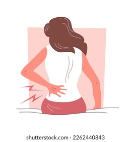 A woman with back pain sits on a bed. Symptom of the disease. Body care and health. Flat vector illustration isolated on white background