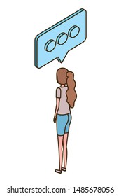 woman of back position with speech bubble on white background