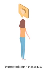 woman of back position with speech bubble on white background