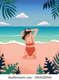 Frauen Blick auf den Strand. Flacher Vektorsommer, Design-Hintergrund