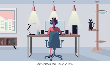 Eine Frau, die einen Desktop-Computer in einem hellen Raum bedient, auf der Rückseite. Remote-Arbeit.