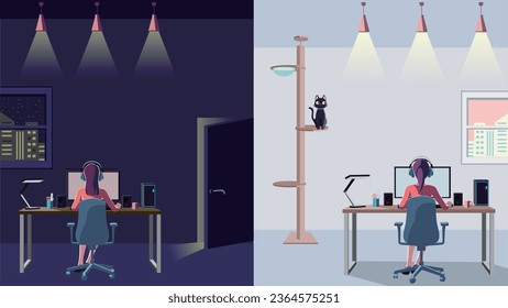 A woman back view operating a desktop computer in a bright room. A woman back view operating a desktop computer in a dark room. Remote work. Overtime