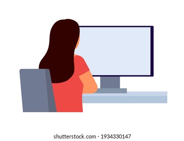 Woman back view sit in computer online at home. Workspace, remote distance work. Vector flat illustration