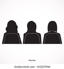 Woman from back, white background. Three black silhouettes of sitting women. Business Meeting Three Females. 