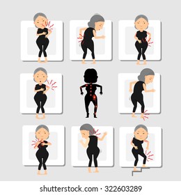 woman with backache pain colored in red isolated on gray background illustration vector