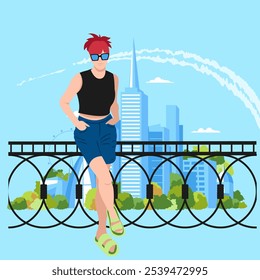 a woman in the background of the city. a girl on vacation. tourist. vector illustration of a woman and an urban landscape