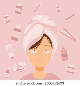 Woman background. Nurturing Self. Beauty, Cosmetics, and the Art of Self Care in Flat Vector Illustration.