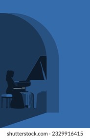 woman background playing piano in dark room