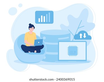 una mujer respaldando los grandes datos en un concepto de portátil trending topic ilustración plana