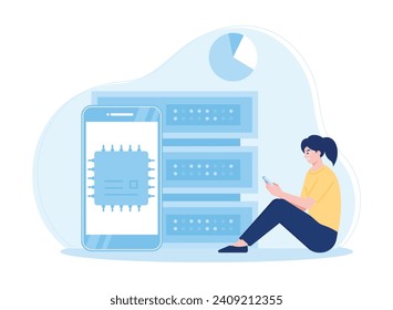 mujer respaldando la base de datos con nube en el concepto de tendencia de teléfono móvil ilustración plana