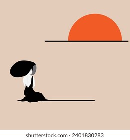 A woman in a backless dress and stylish hat kneels before a rising sun.