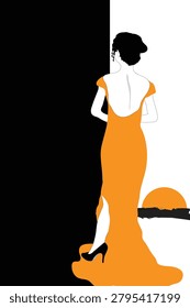 A woman in a backless orange gown poses before an orange sunset.