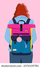 Frau mit Rucksack-Konzept. Junge Mädchen in beigem Kleid. Allgemeine und berufliche Bildung. Vorlage und Layout. Cartoon-FlachVektorgrafik einzeln auf rosafarbenem Hintergrund