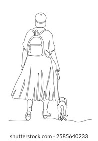 Woman with backpack and dog walking away. Back view. Continuous line drawing. Black and white vector illustration in line art style.