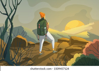 Woman with backpack enjoying sunset or sunrise on peak of mountain. Young girl traveler hiking outdoors. Autumn landscape. Vector illustration