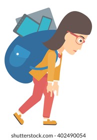 Woman with backpack full of devices.